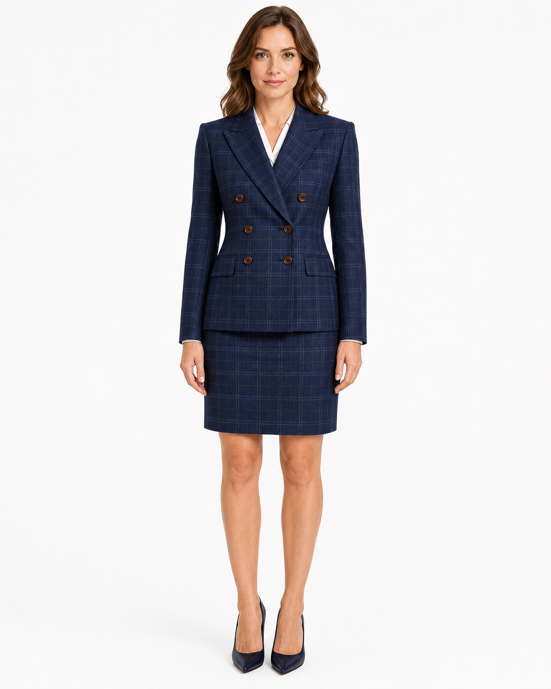 Women’s Navy Blue Windowpane Check Tweed Double-Breasted Jacket - Image 10