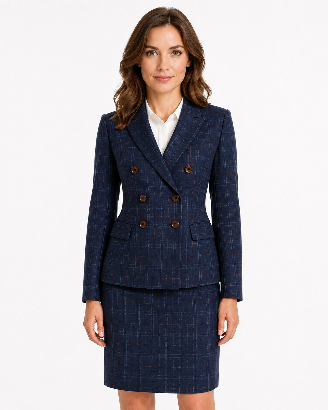 Women’s Navy Blue Windowpane Check Tweed Double-Breasted Jacket - Image 9