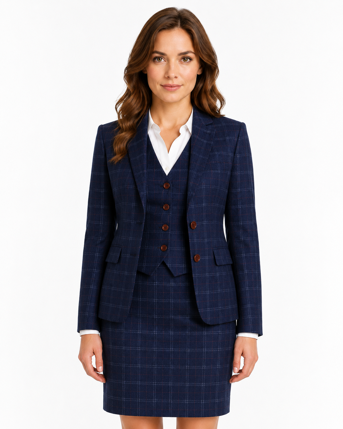 Women’s Navy Blue Windowpane Check Tweed Single-Breasted Jacket - Image 5