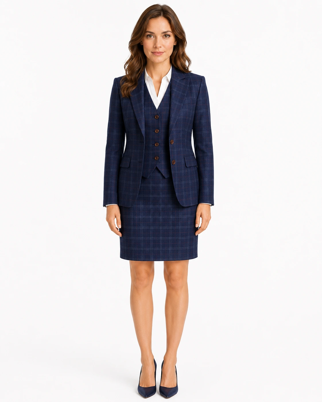 Women’s Made-to-Measure Navy Blue Windowpane Check Tweed Three-Piece Suit - Image 6