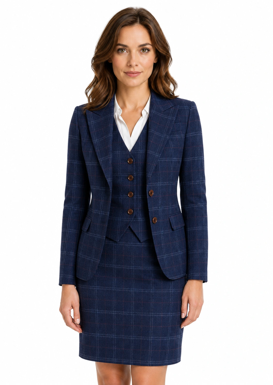 Women’s Made-to-Measure Navy Blue Windowpane Check Tweed Three-Piece Suit - Image 14