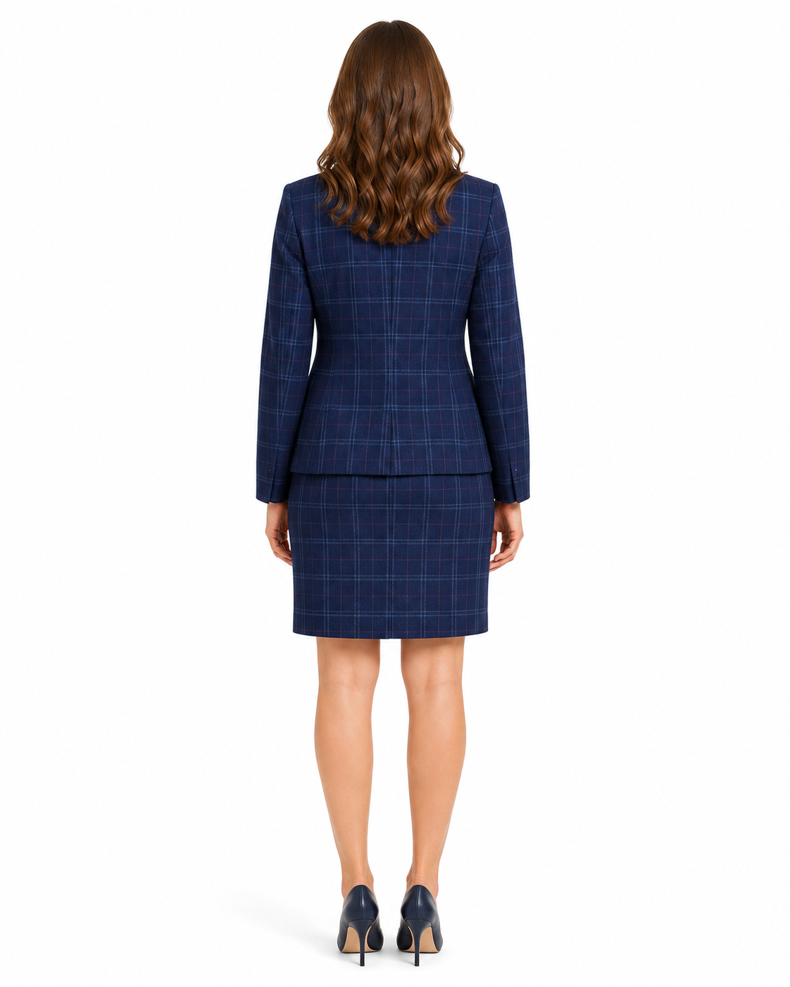 Women’s Navy Blue Windowpane Check Tweed Single-Breasted Jacket - Image 8