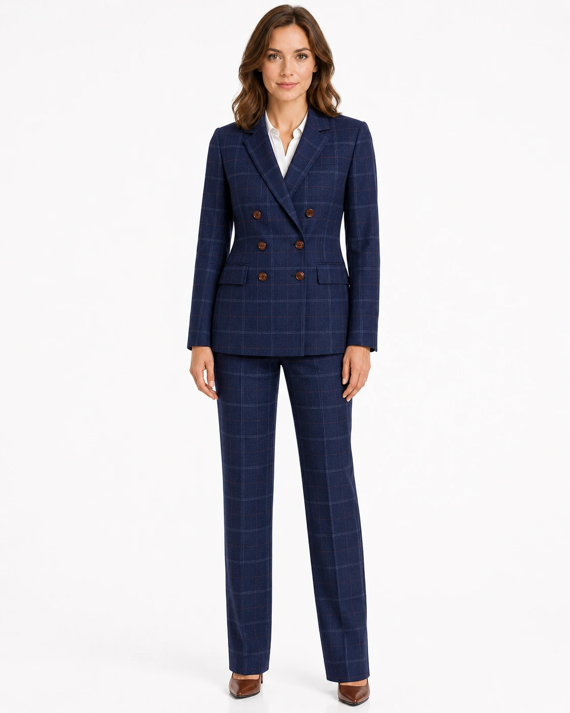 Women’s Made-to-Measure Navy Blue Windowpane Check Tweed Three-Piece Suit - Image 16