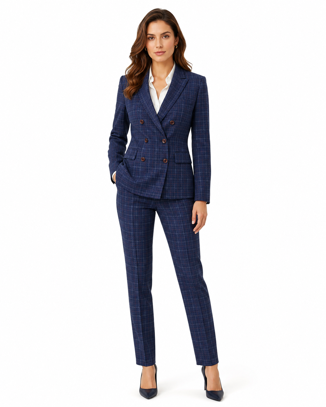 Women’s Navy Blue Windowpane Check Tweed Double-Breasted Jacket - Image 4