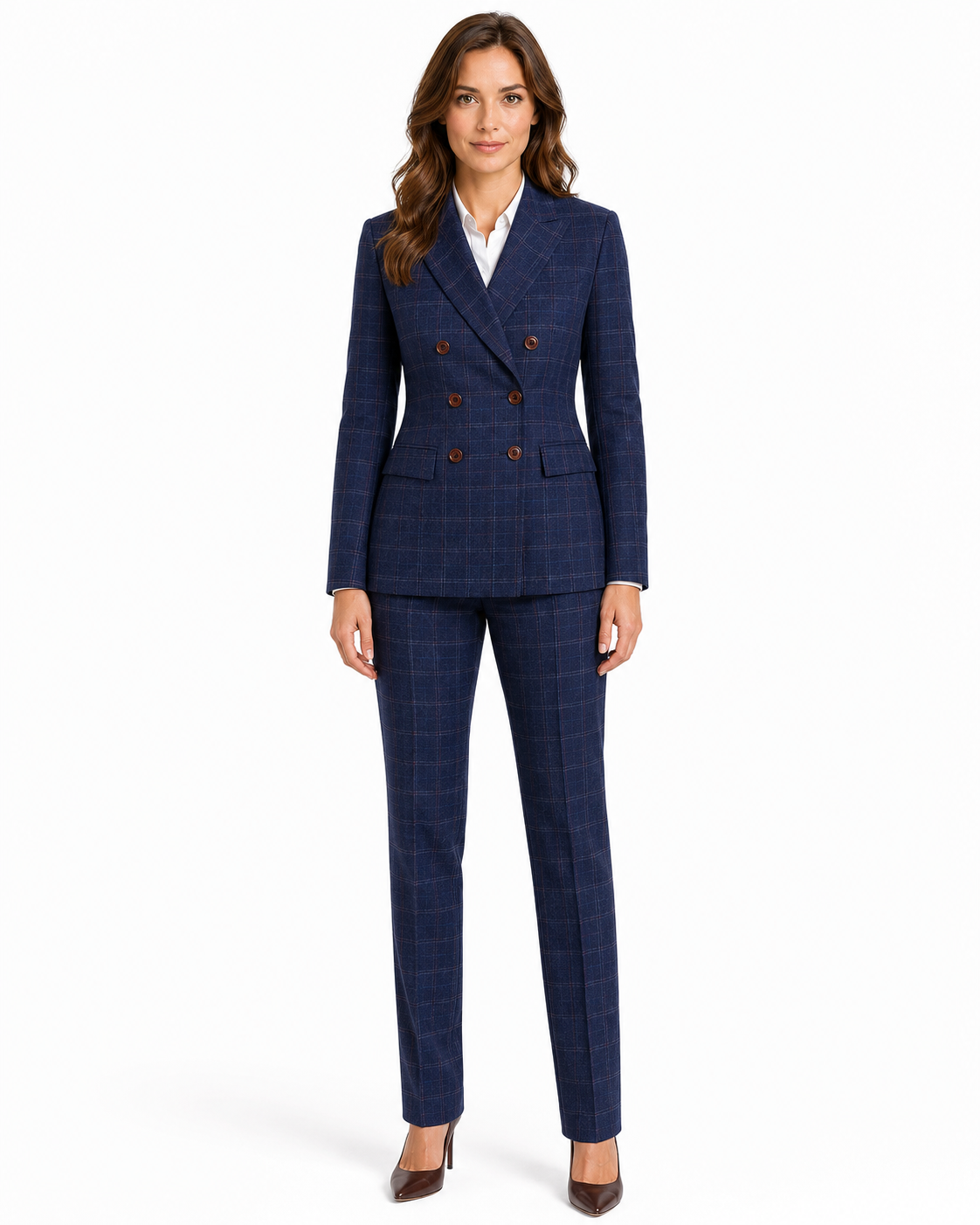 Women’s Navy Blue Windowpane Check Tweed Double-Breasted Jacket - Image 5