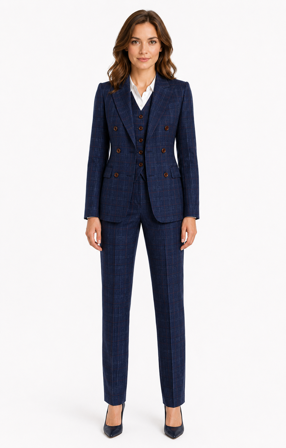 Women’s Navy Blue Windowpane Check Tweed Double-Breasted Jacket - Image 6