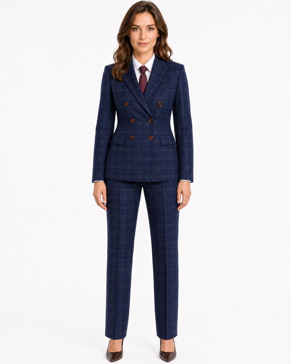 Women’s Navy Blue Windowpane Check Tweed Double-Breasted Jacket - Image 7