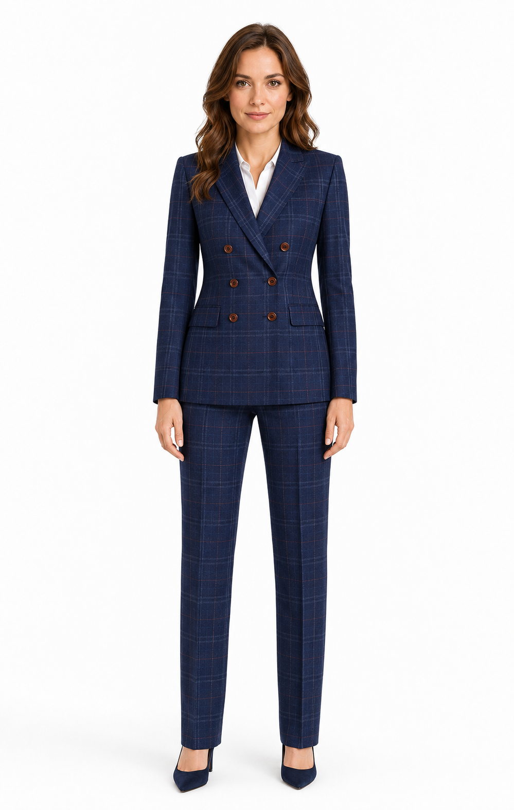Women’s Navy Blue Windowpane Check Tweed Double-Breasted Jacket - Image 8