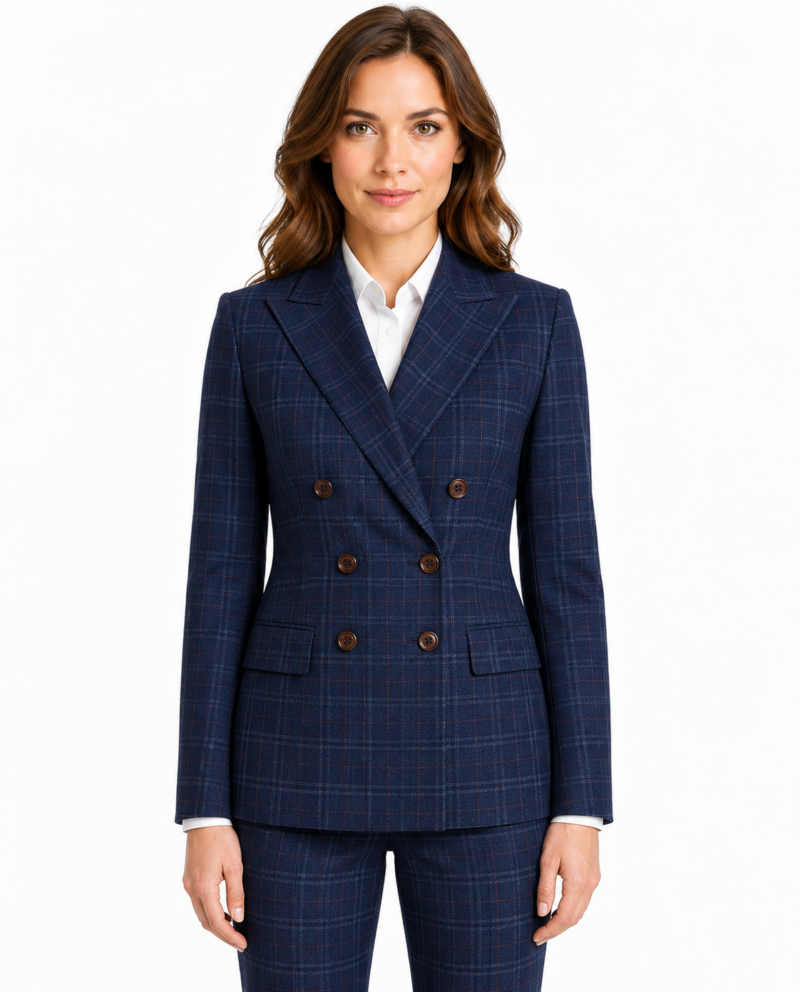 Women’s Navy Blue Windowpane Check Tweed Double-Breasted Jacket