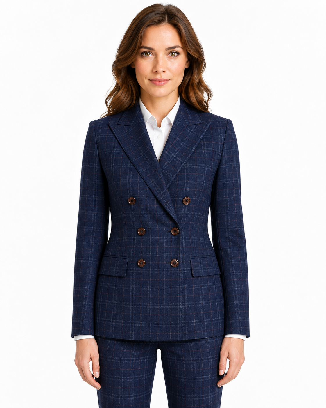 Women’s Navy Blue Windowpane Check Tweed Double-Breasted Jacket