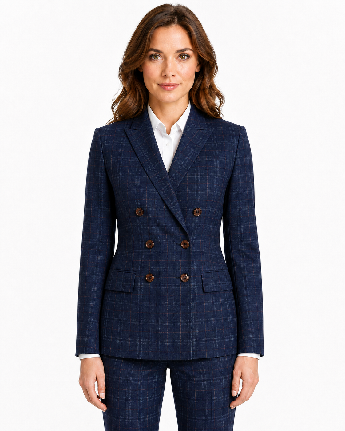 Women’s Navy Blue Windowpane Check Tweed Double-Breasted Jacket - Image 2