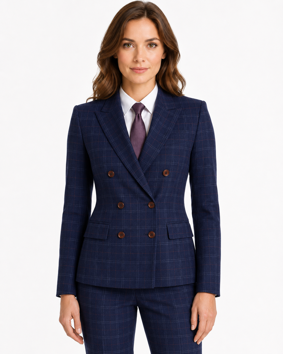 Women’s Navy Blue Windowpane Check Tweed Double-Breasted Jacket - Image 3
