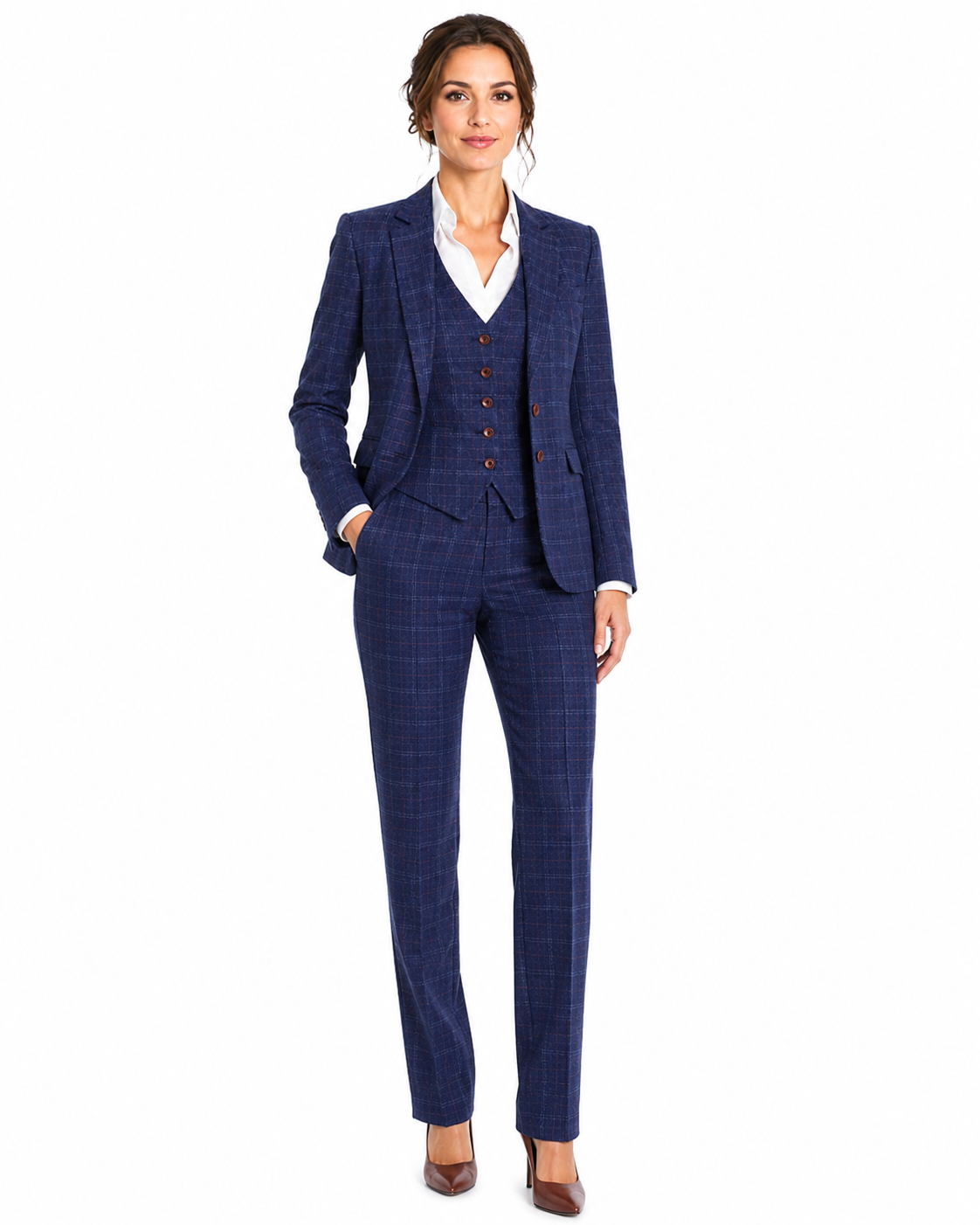 Women’s Navy Blue Windowpane Check Tweed Single-Breasted Jacket - Image 4