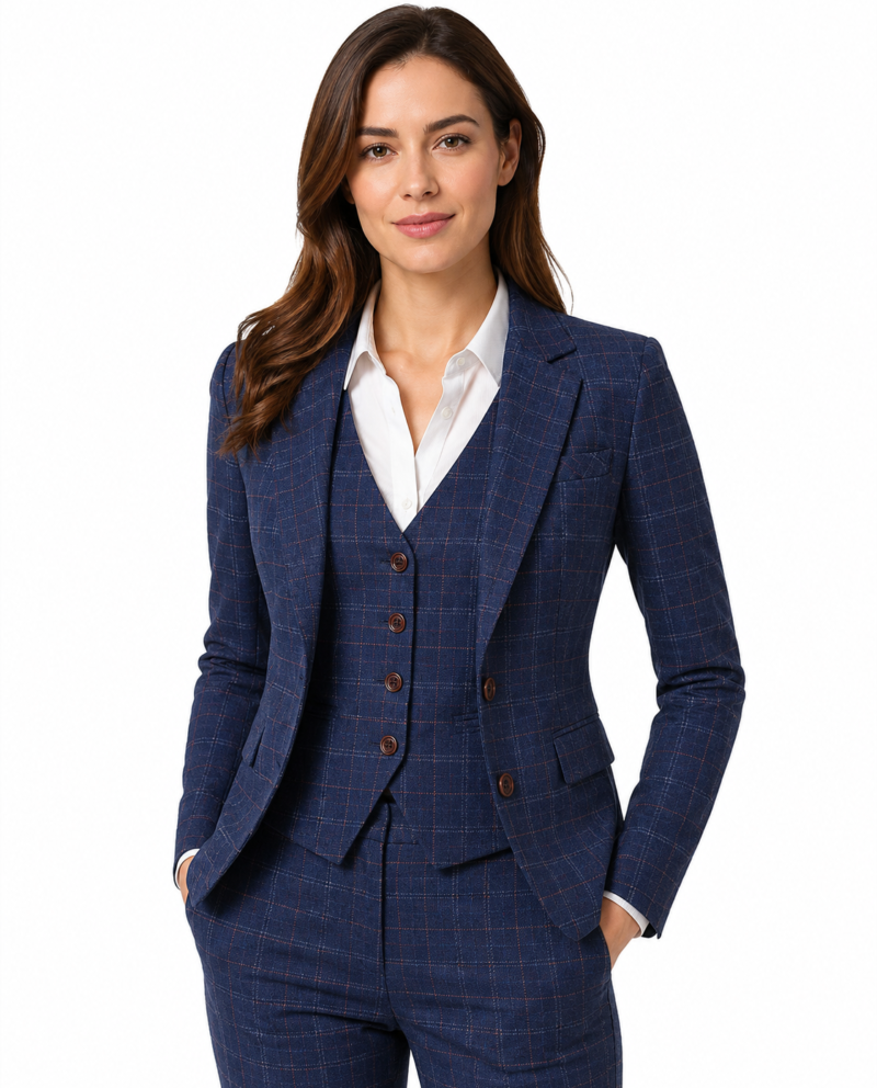 Women’s Made-to-Measure Navy Blue Windowpane Check Tweed Three-Piece Suit