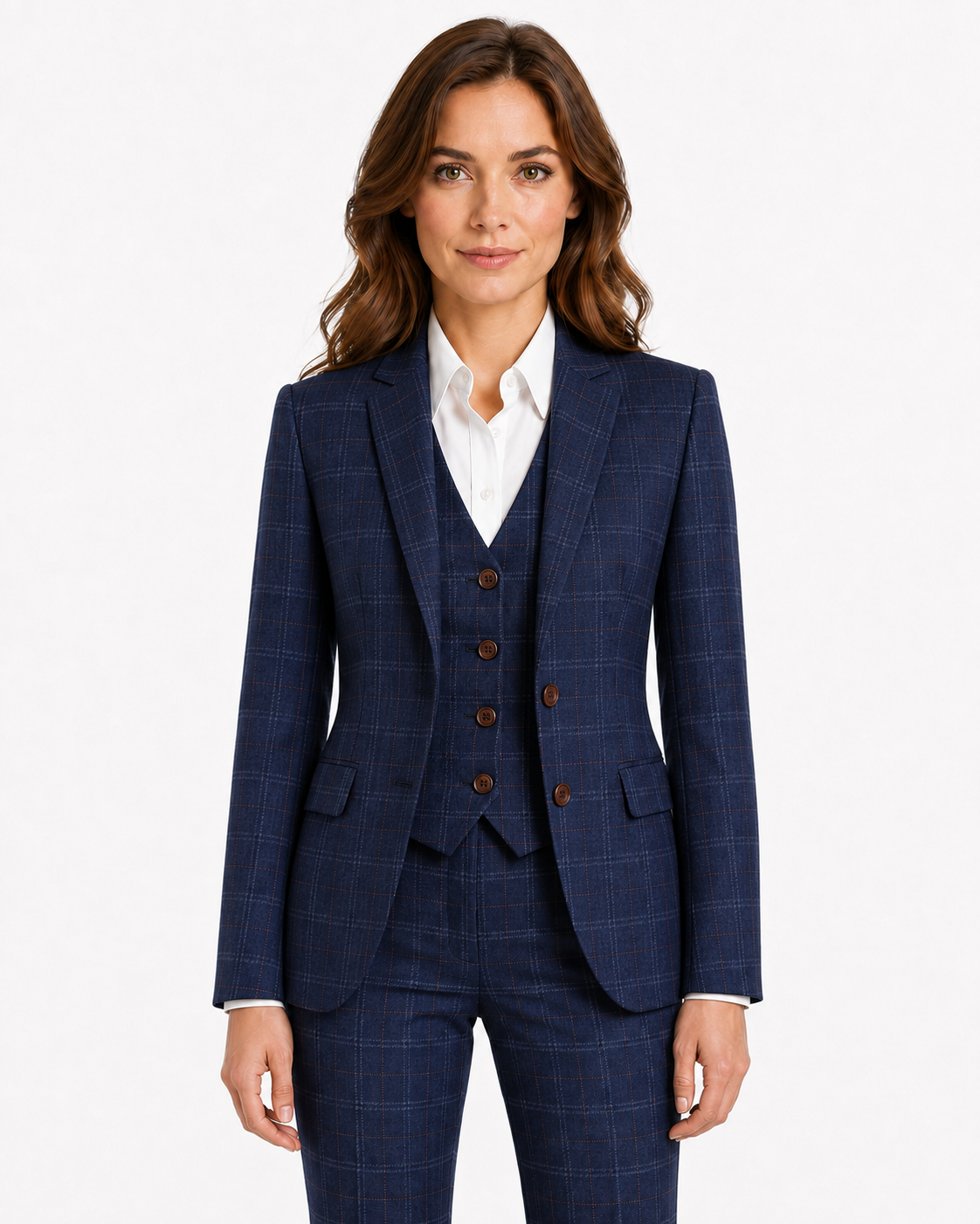 Women’s Navy Blue Windowpane Check Tweed Single-Breasted Jacket - Image 3