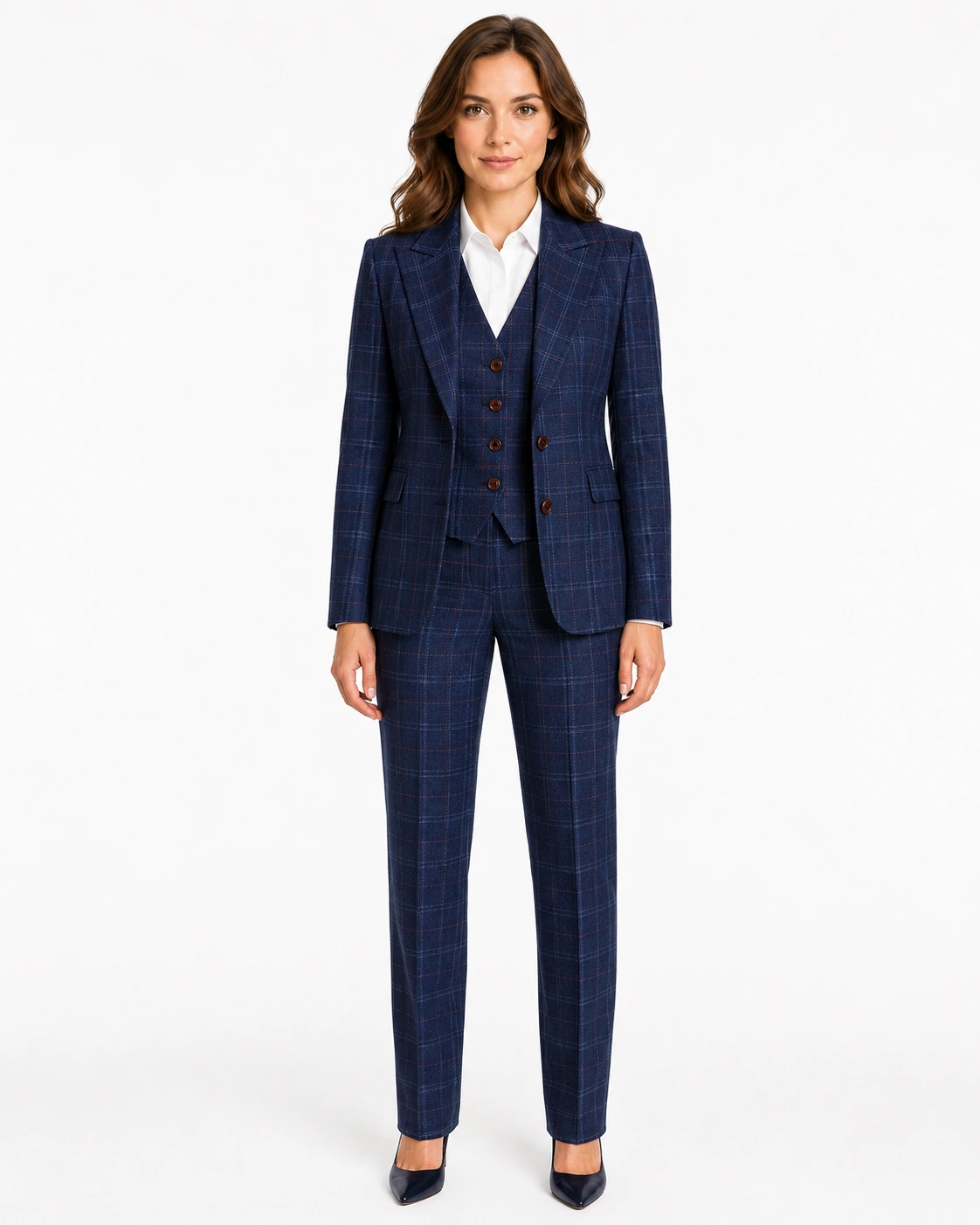 Women’s Made-to-Measure Navy Blue Windowpane Check Tweed Three-Piece Suit - Image 26