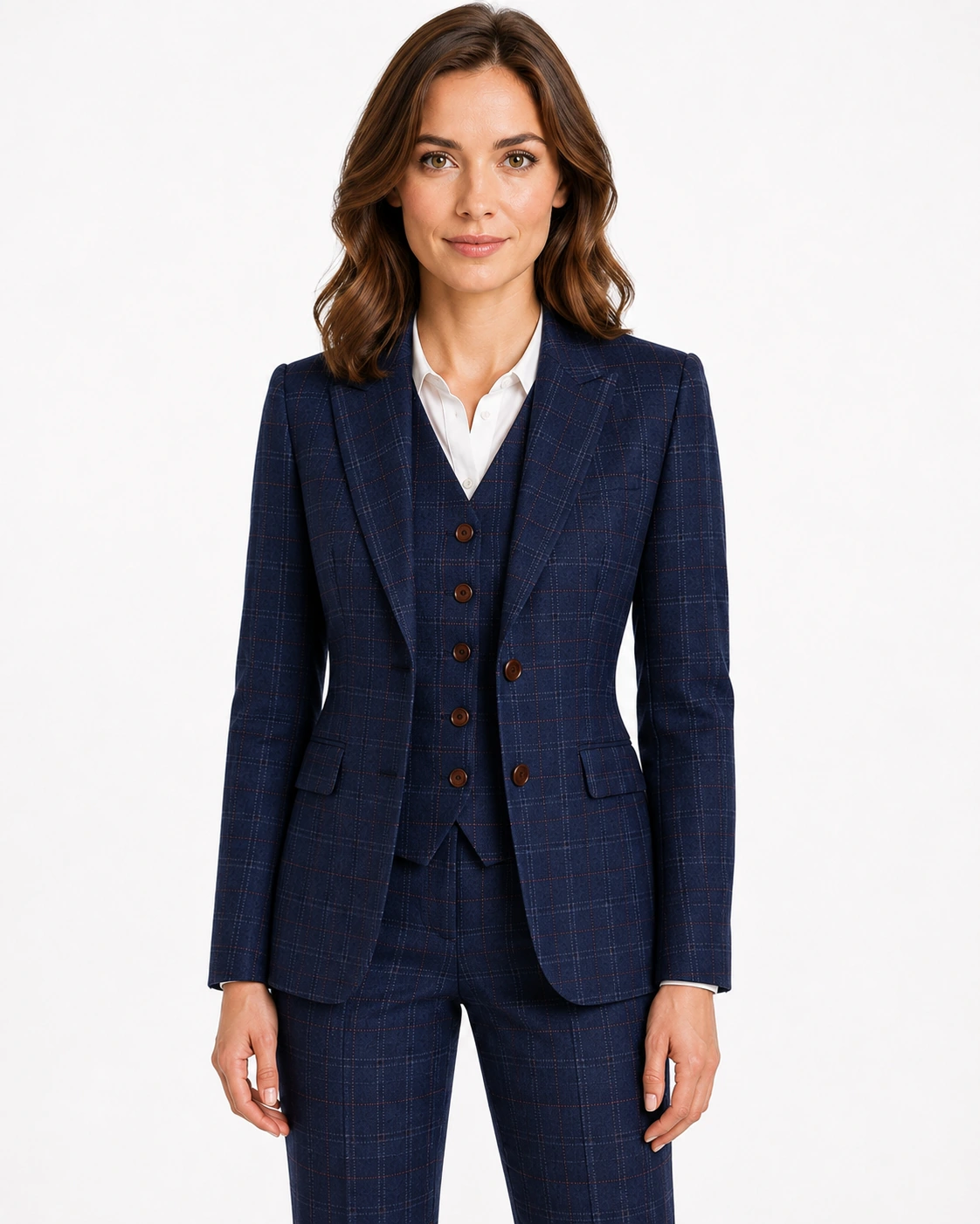 Women’s Made-to-Measure Navy Blue Windowpane Check Tweed Three-Piece Suit - Image 2