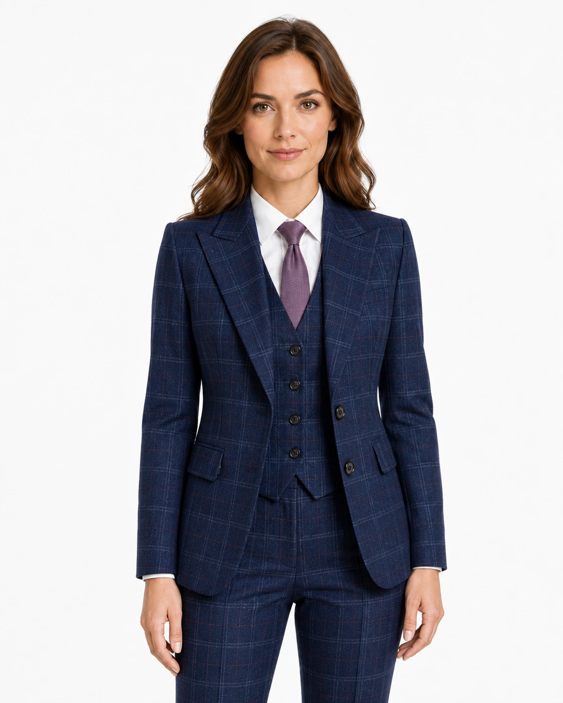 Women’s Made-to-Measure Navy Blue Windowpane Check Tweed Three-Piece Suit - Image 27