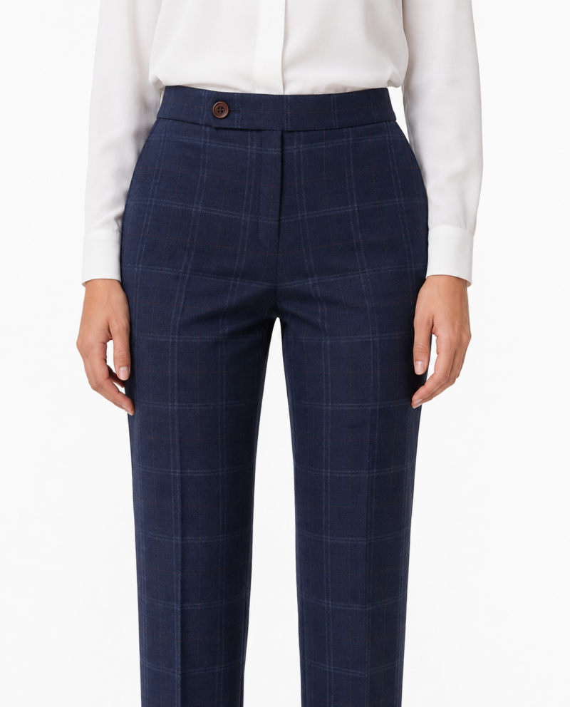 Women’s Navy Blue Windowpane Check Tweed Trousers