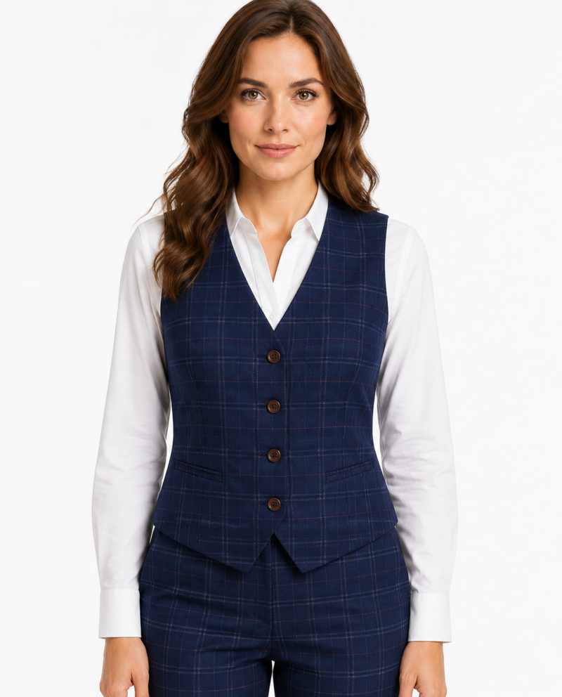 Women’s Navy Blue Windowpane Check Tweed Waistcoat