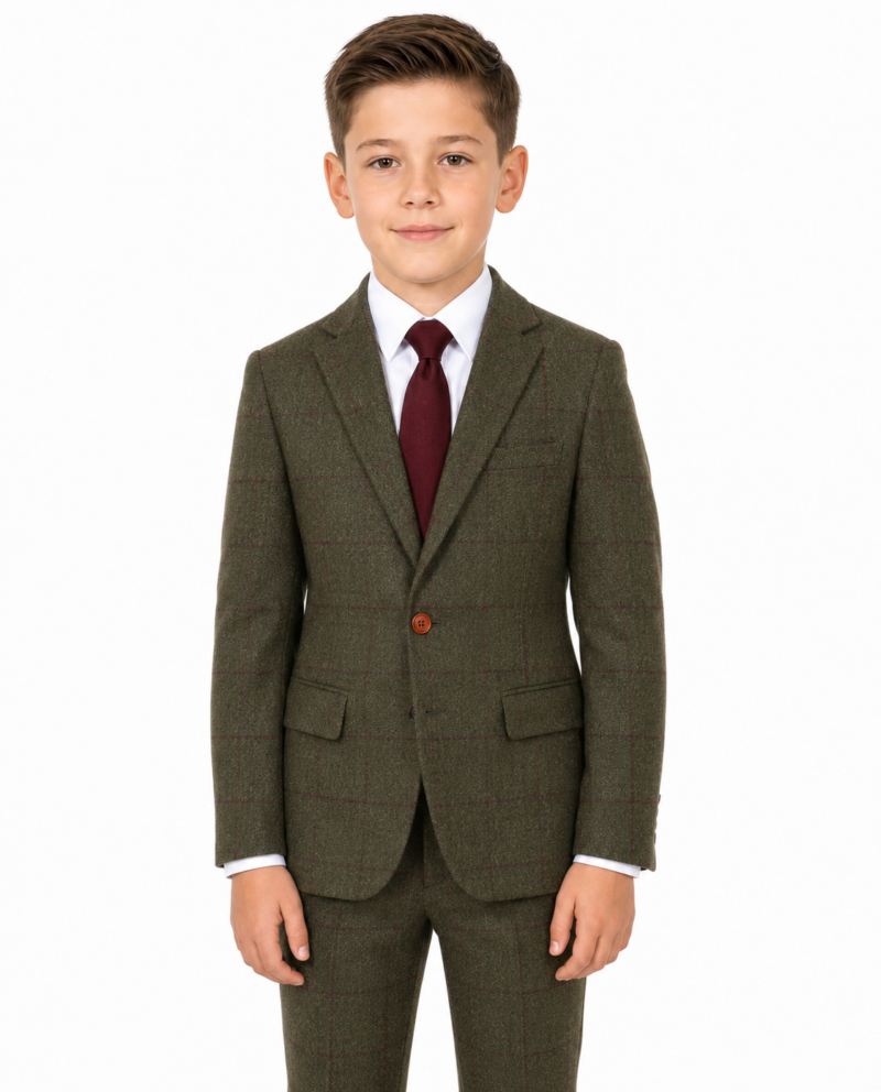 Boys’ Olive Green Country Check Tweed with Red Three-Piece Suit