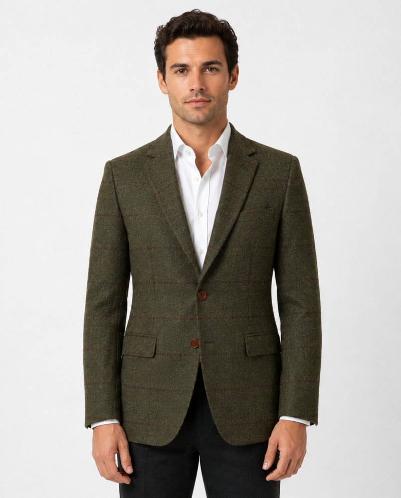 Men’s Olive Green Country Check Tweed with Red Single-Breasted Jacket