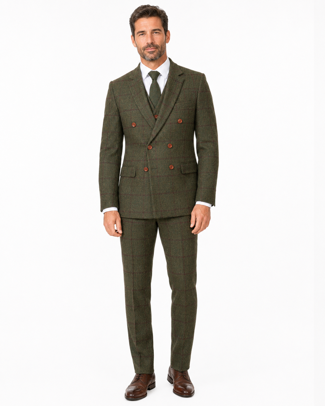Men’s Olive Green Country Check Tweed with Red Double-Breasted Three-Piece Suit - Image 3