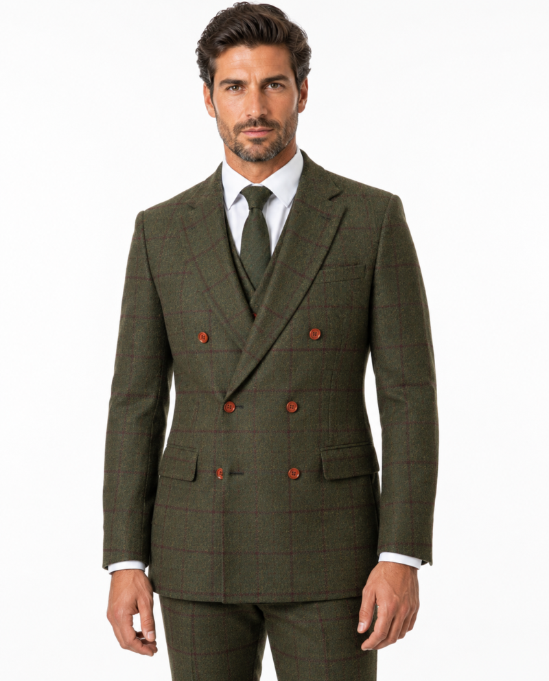 Men’s Olive Green Country Check Tweed with Red Double-Breasted Three-Piece Suit