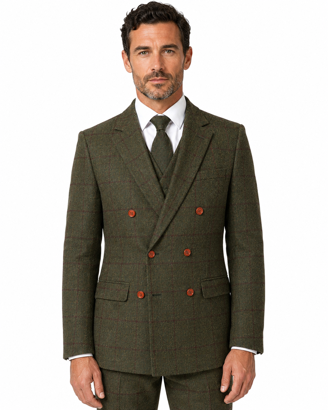 Men’s Olive Green Country Check Tweed with Red Double-Breasted Three-Piece Suit - Image 2