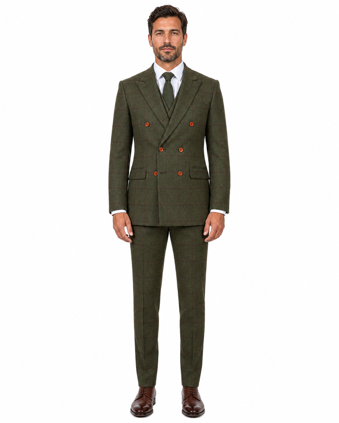 Men’s Made-to-Measure Olive Green Country Check Tweed with Red Three-Piece Suit - Image 32