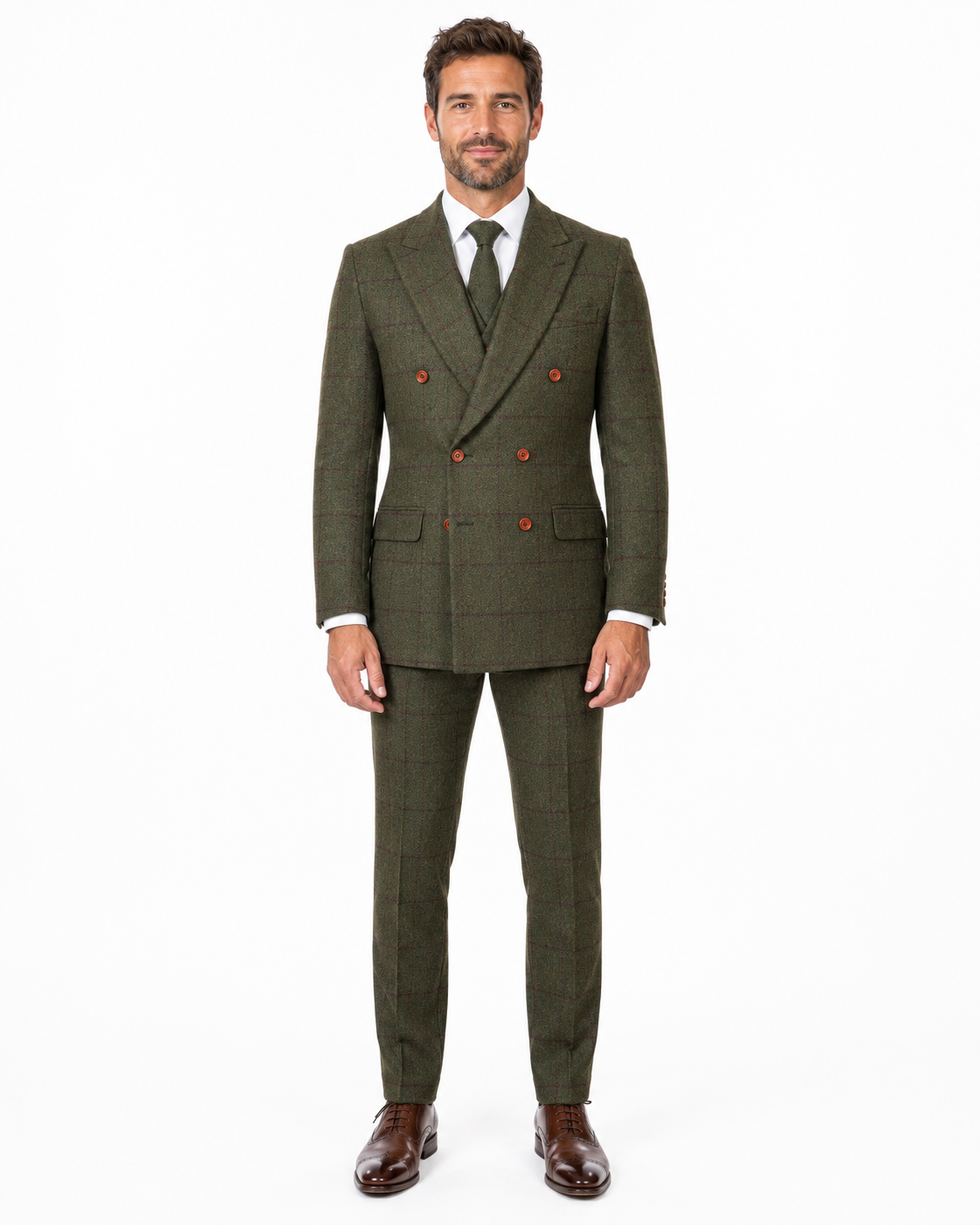 Men’s Made-to-Measure Olive Green Country Check Tweed with Red Three-Piece Suit - Image 33