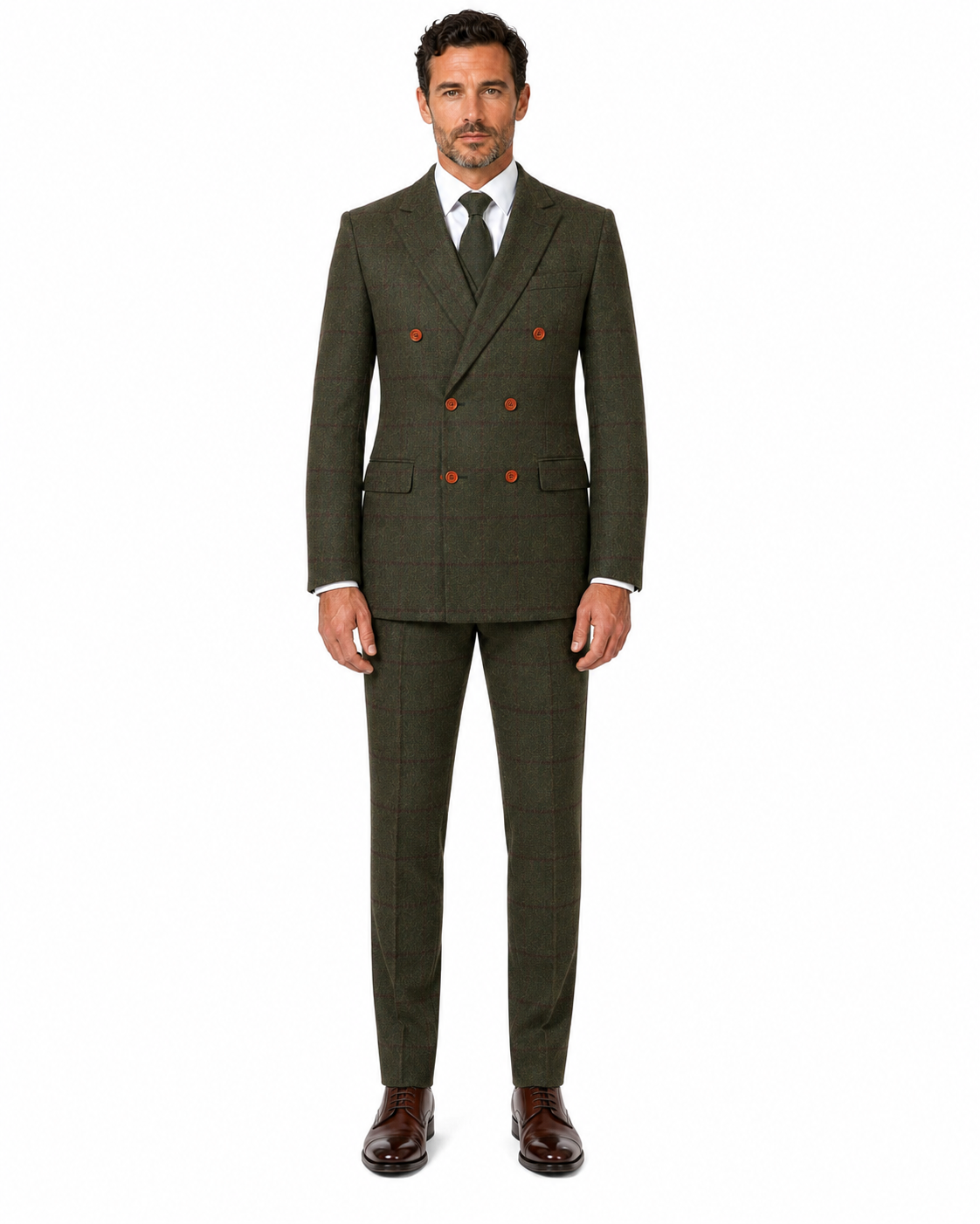 Men’s Made-to-Measure Olive Green Country Check Tweed with Red Three-Piece Suit - Image 34