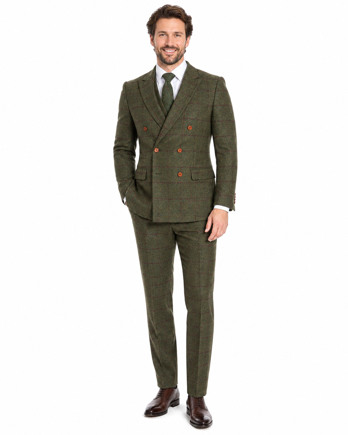 Men’s Made-to-Measure Olive Green Country Check Tweed with Red Three-Piece Suit - Image 35