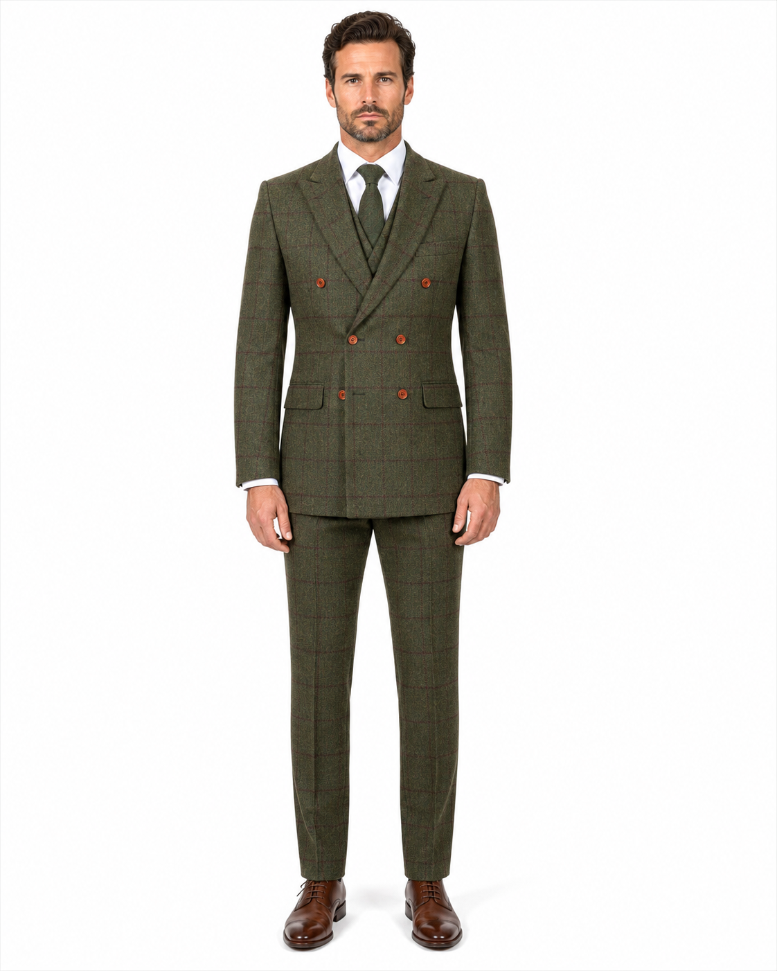 Men’s Made-to-Measure Olive Green Country Check Tweed with Red Three-Piece Suit - Image 36