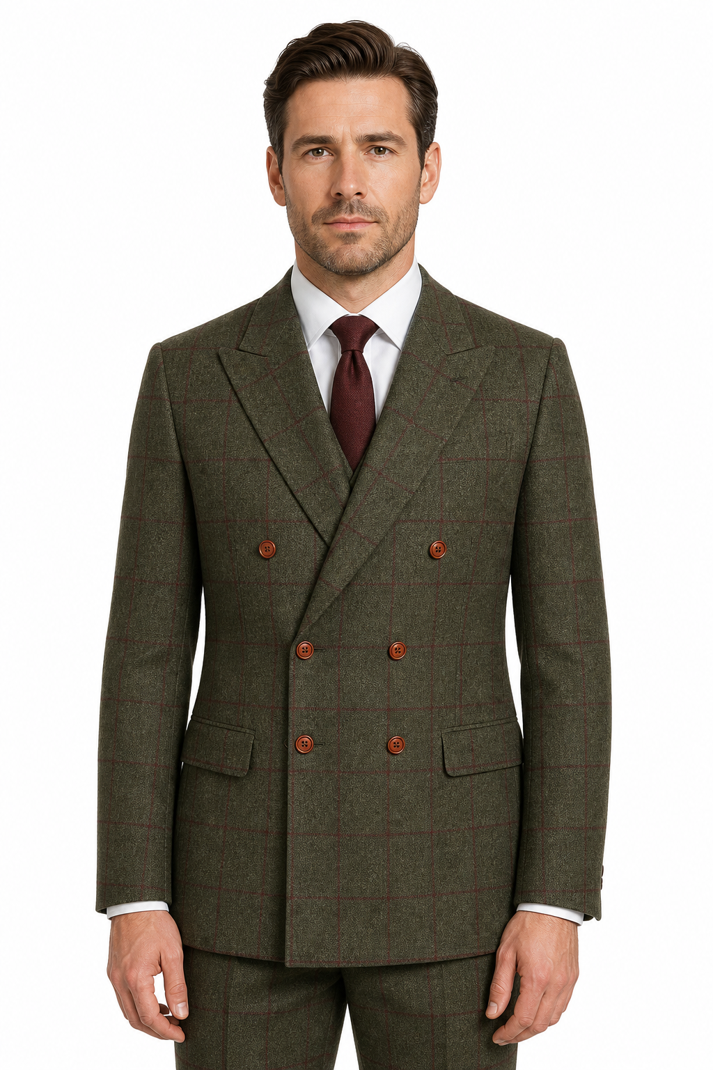 Men’s Made-to-Measure Olive Green Country Check Tweed with Red Three-Piece Suit - Image 31