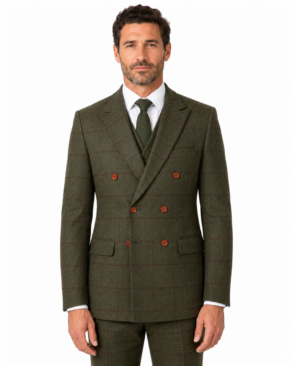 Men’s Made-to-Measure Olive Green Country Check Tweed with Red Three-Piece Suit - Image 28