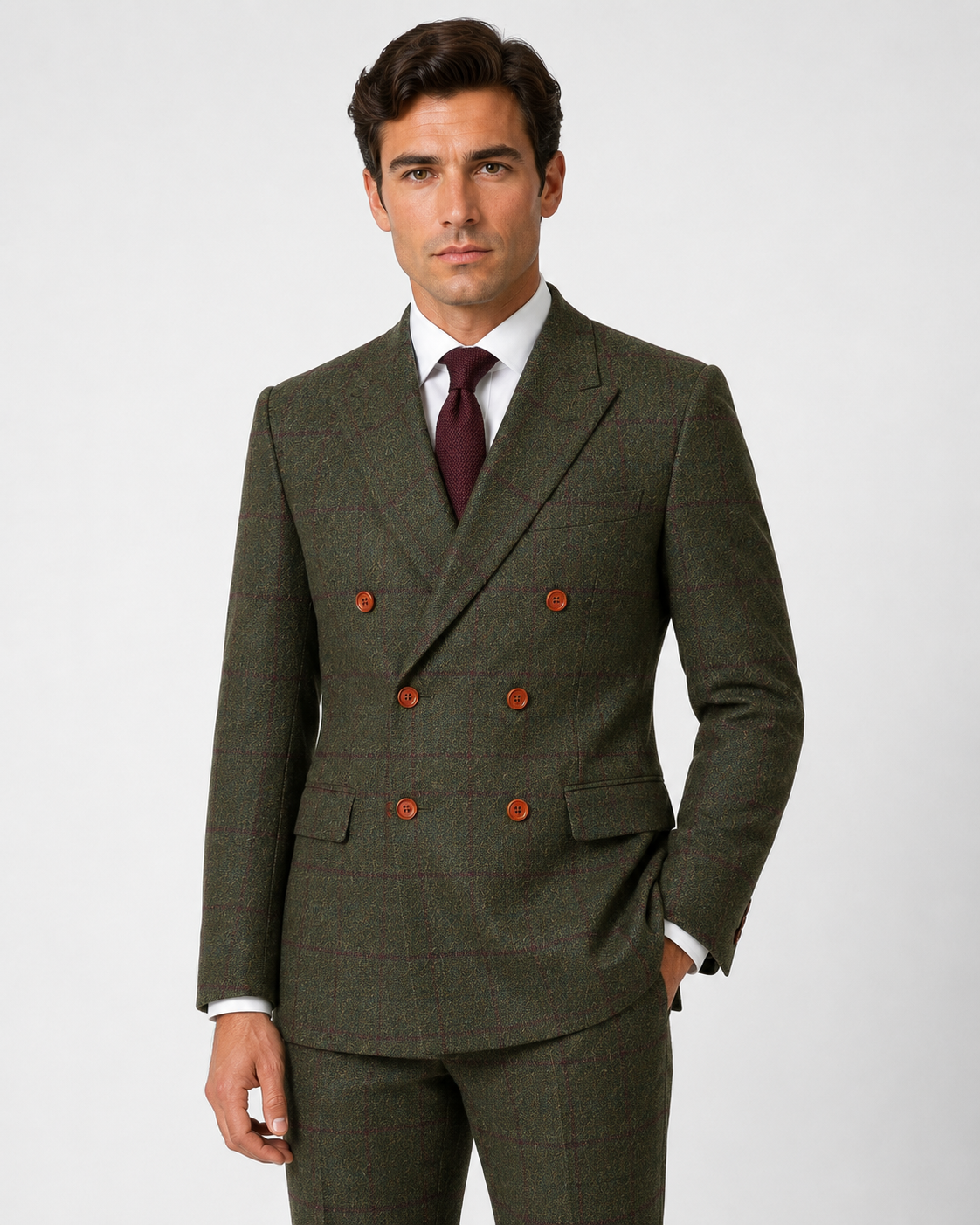 Men’s Made-to-Measure Olive Green Country Check Tweed with Red Three-Piece Suit - Image 29