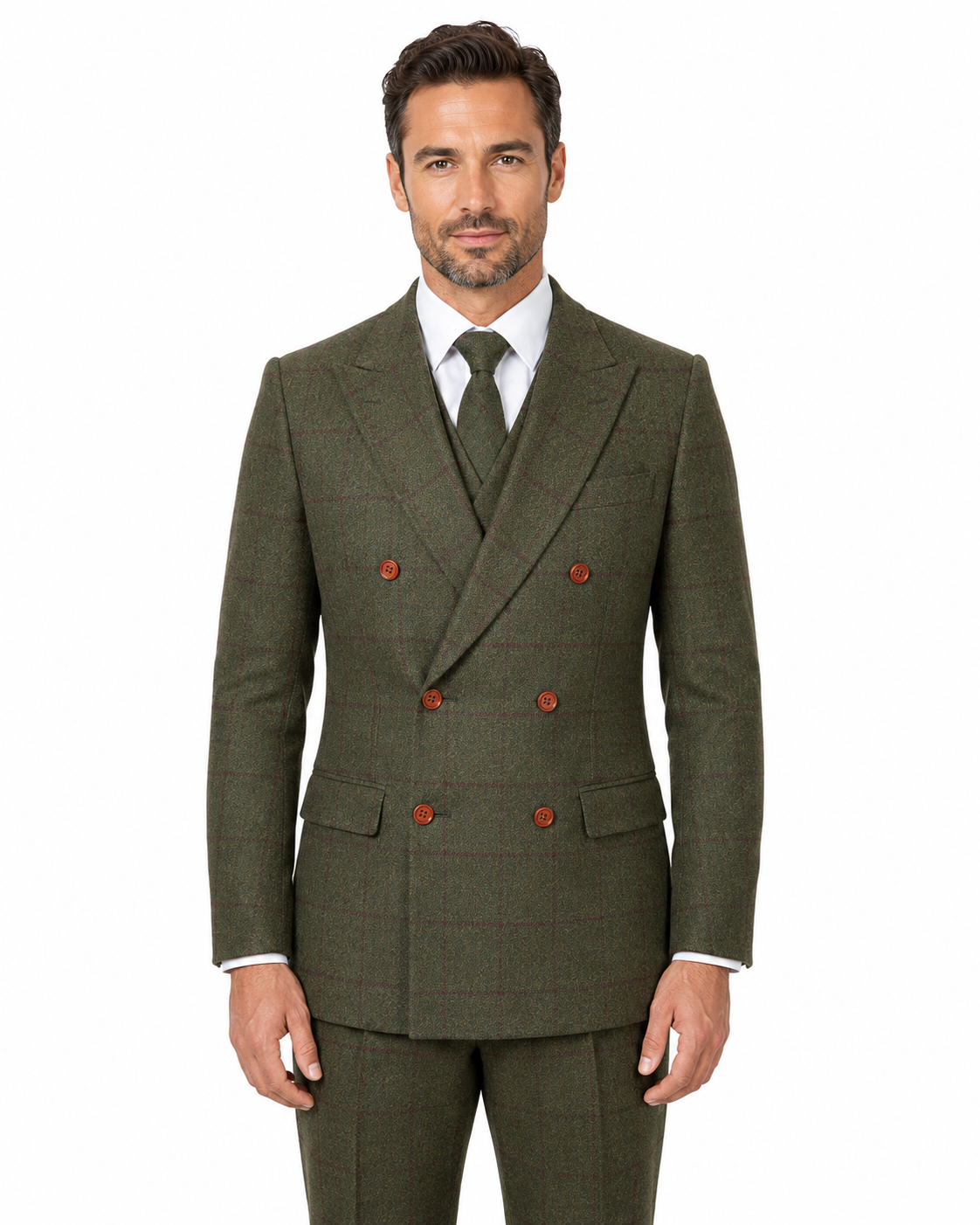Men’s Made-to-Measure Olive Green Country Check Tweed with Red Three-Piece Suit - Image 30