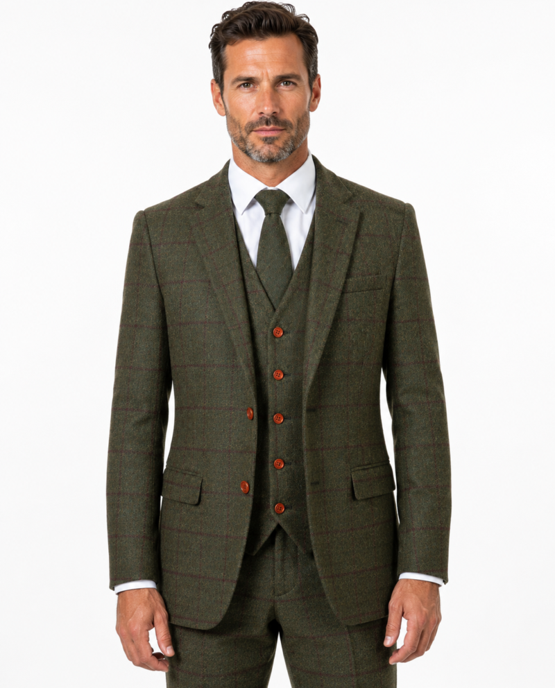 Men’s Olive Green Country Check Tweed with Red Single-Breasted Three-Piece Suit