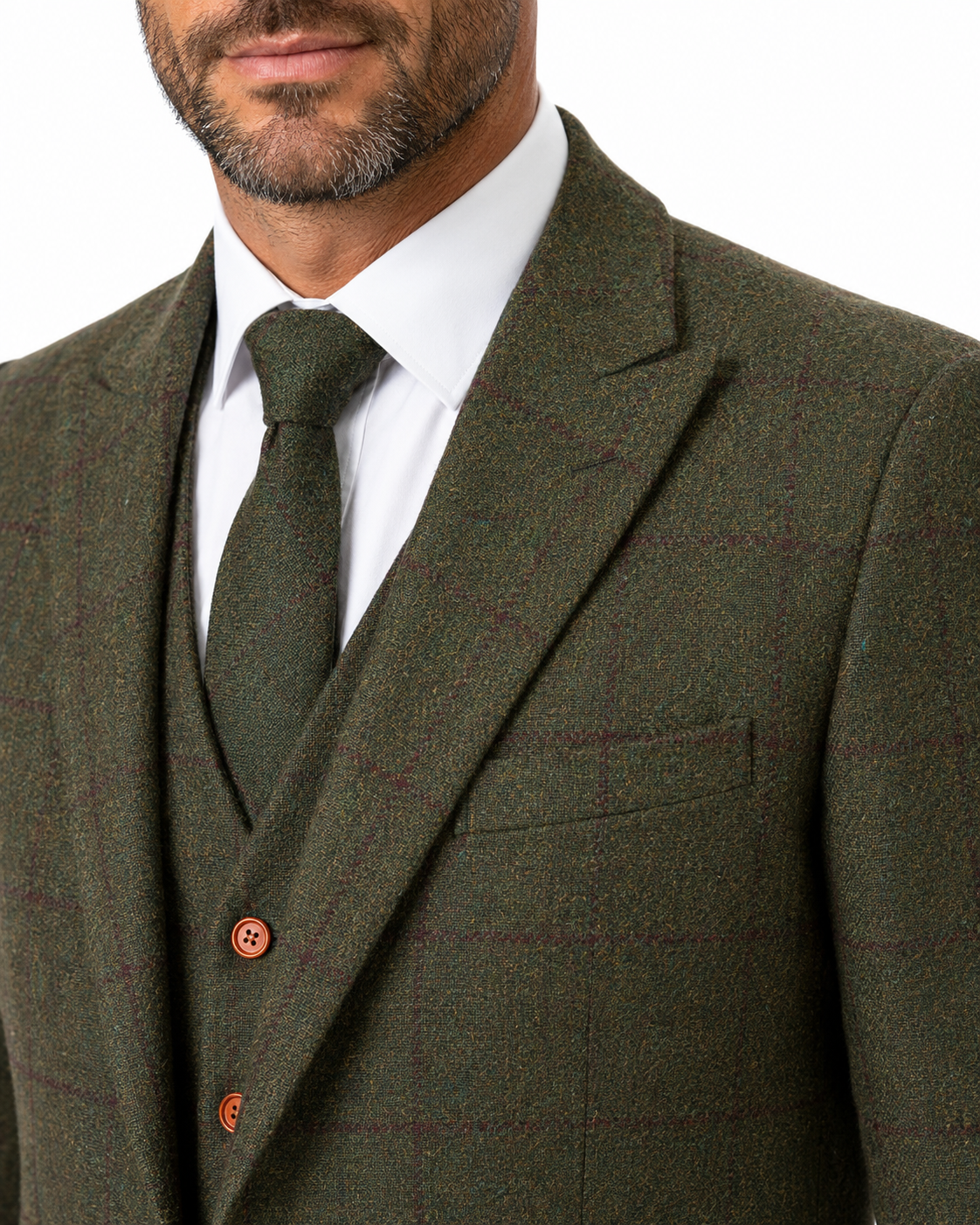 Men’s Made-to-Measure Olive Green Country Check Tweed with Red Three-Piece Suit - Image 24