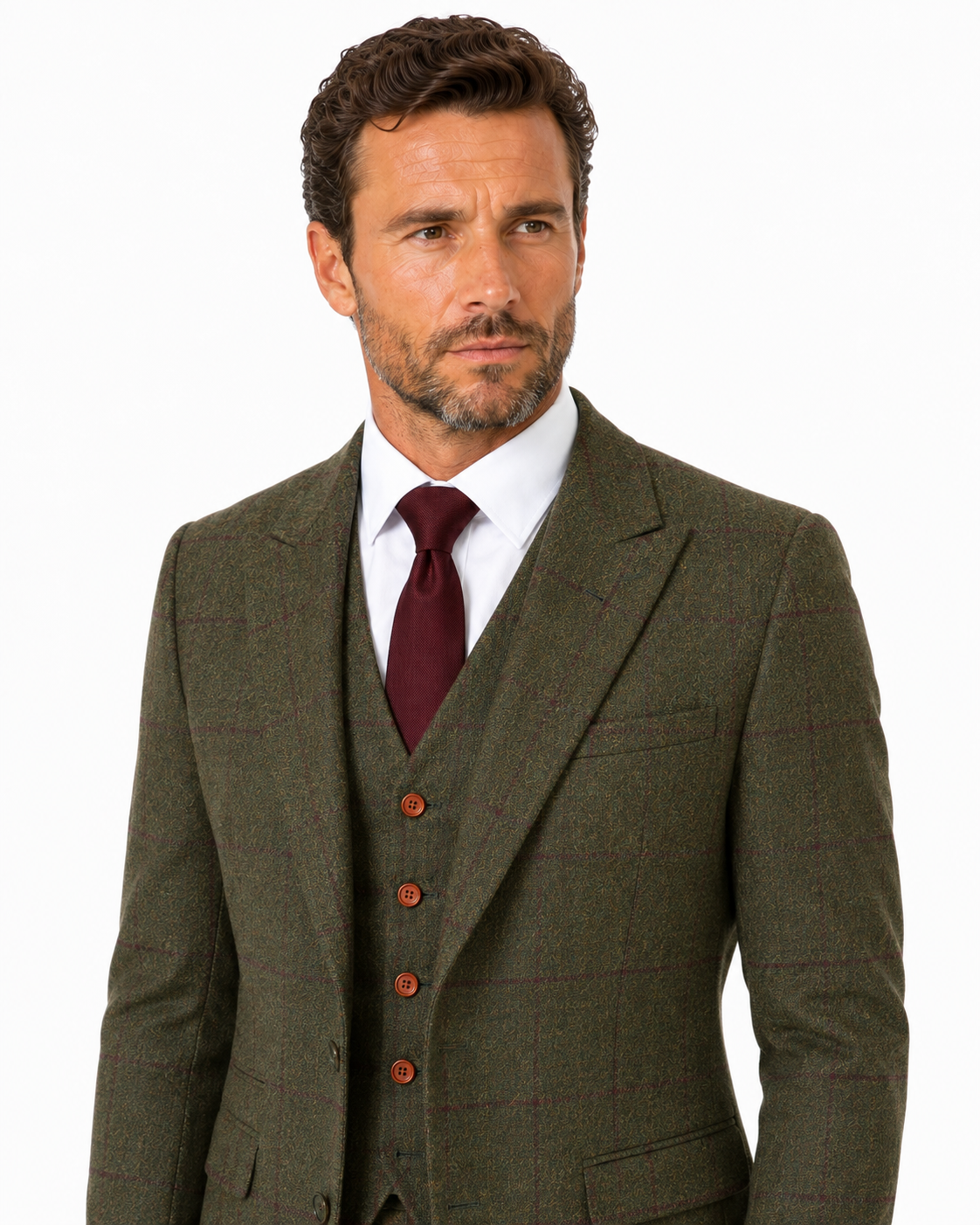 Men’s Made-to-Measure Olive Green Country Check Tweed with Red Three-Piece Suit - Image 20