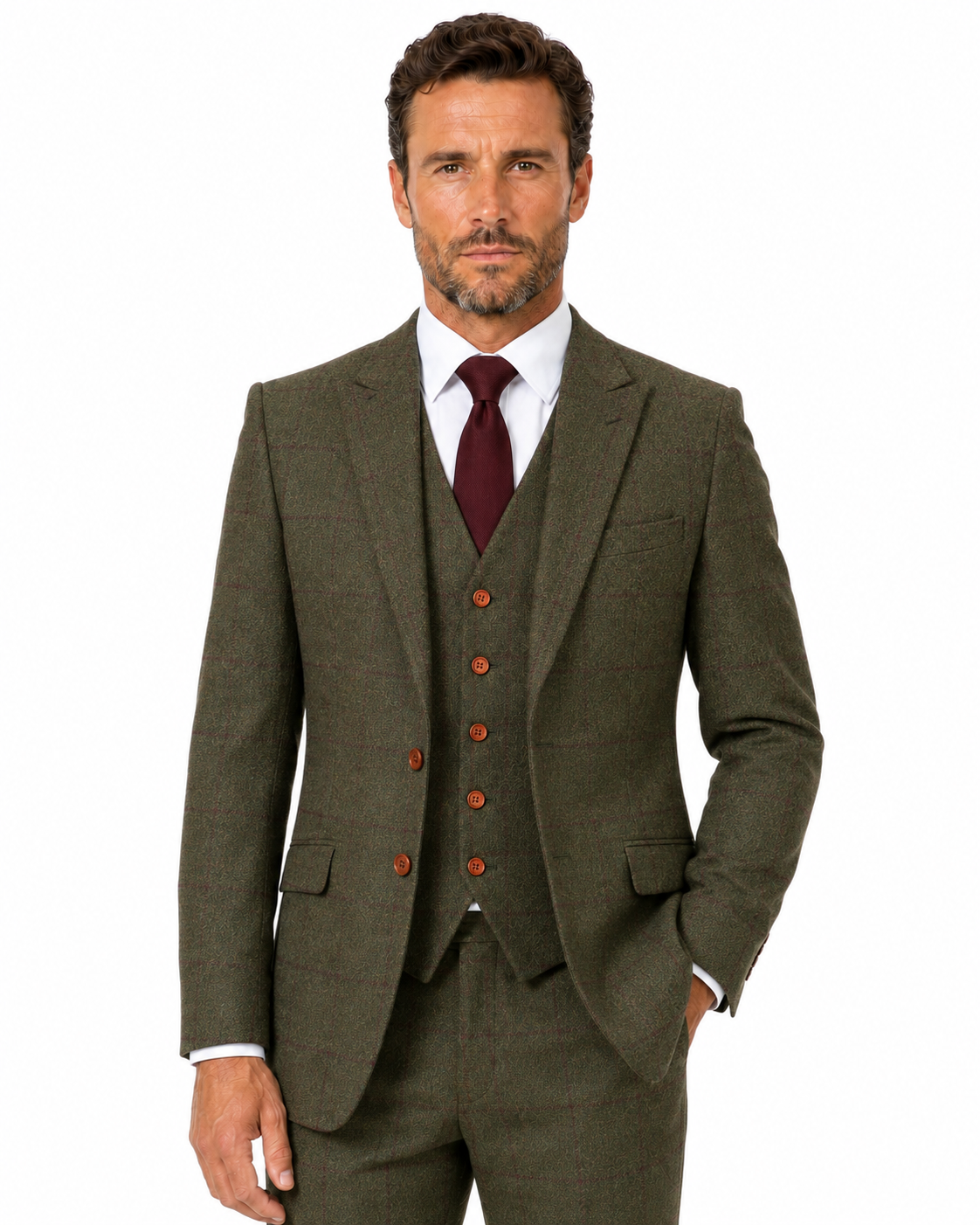 Men’s Made-to-Measure Olive Green Country Check Tweed with Red Three-Piece Suit - Image 21