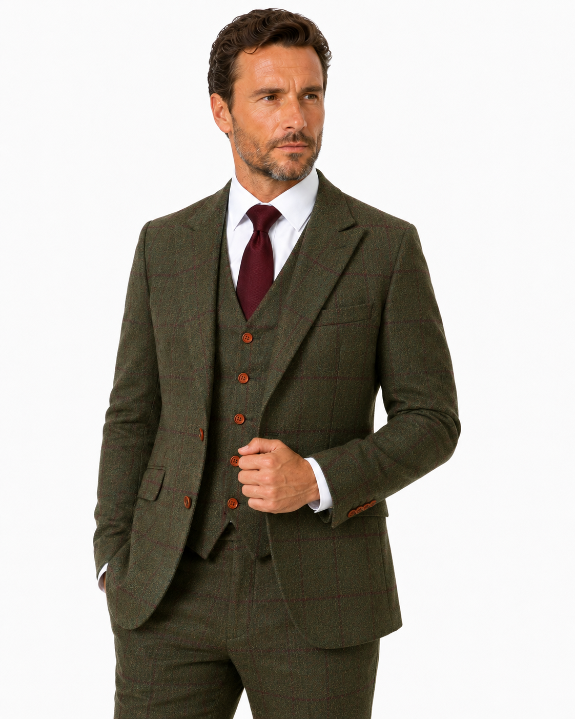 Men’s Made-to-Measure Olive Green Country Check Tweed with Red Three-Piece Suit - Image 22