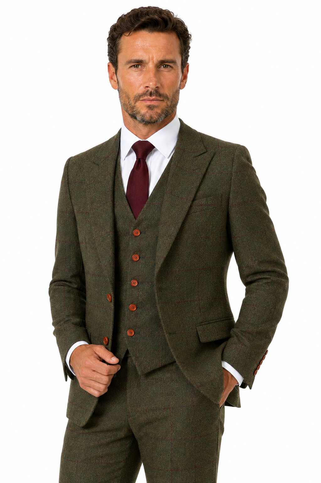Men’s Made-to-Measure Olive Green Country Check Tweed with Red Three-Piece Suit - Image 23