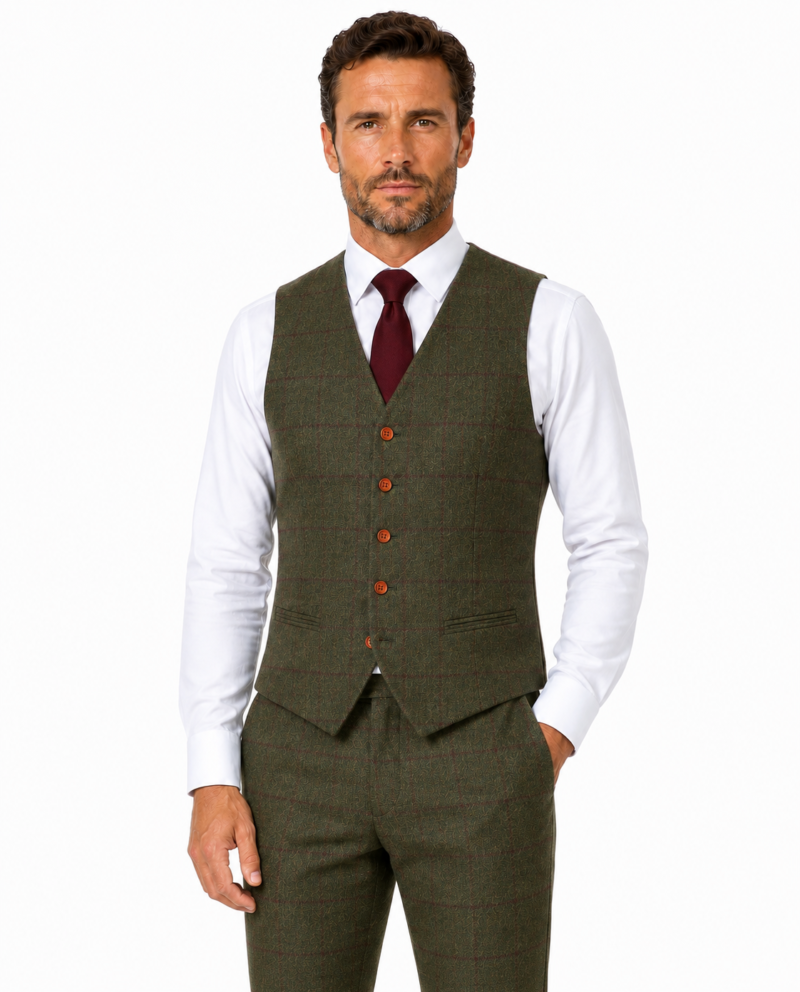 Men’s Olive Green Country Check Tweed with Red Waistcoat