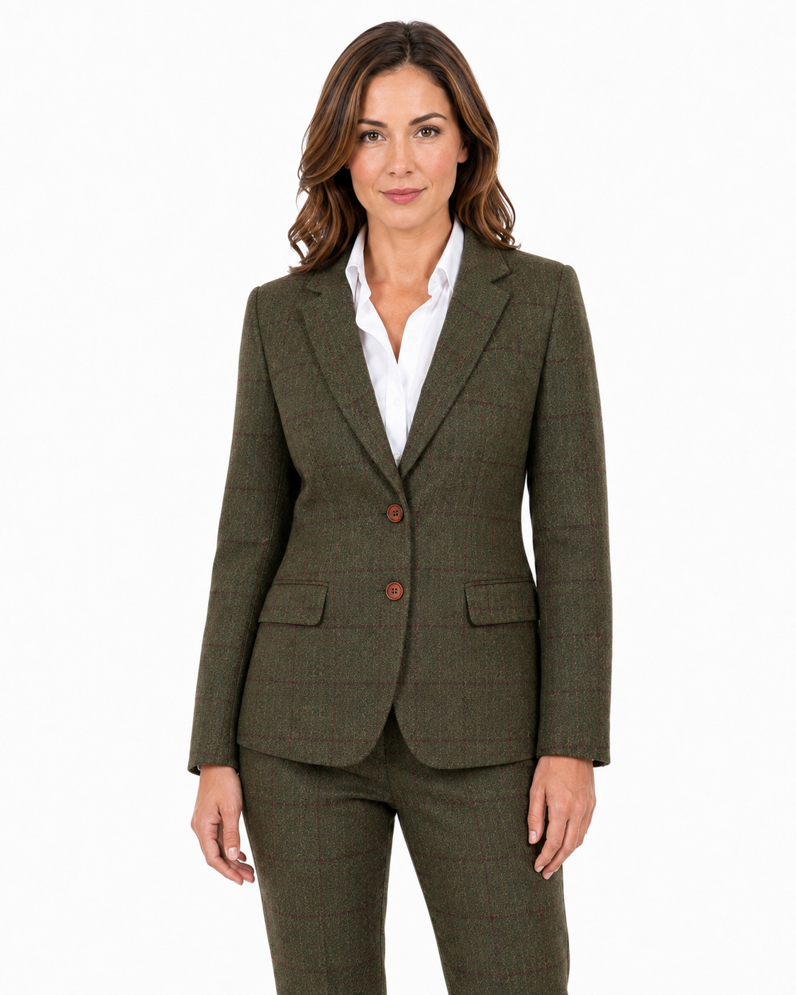 Women’s Made-to-Measure Olive Green Country Check Tweed with Red Three-Piece Suit - Image 35