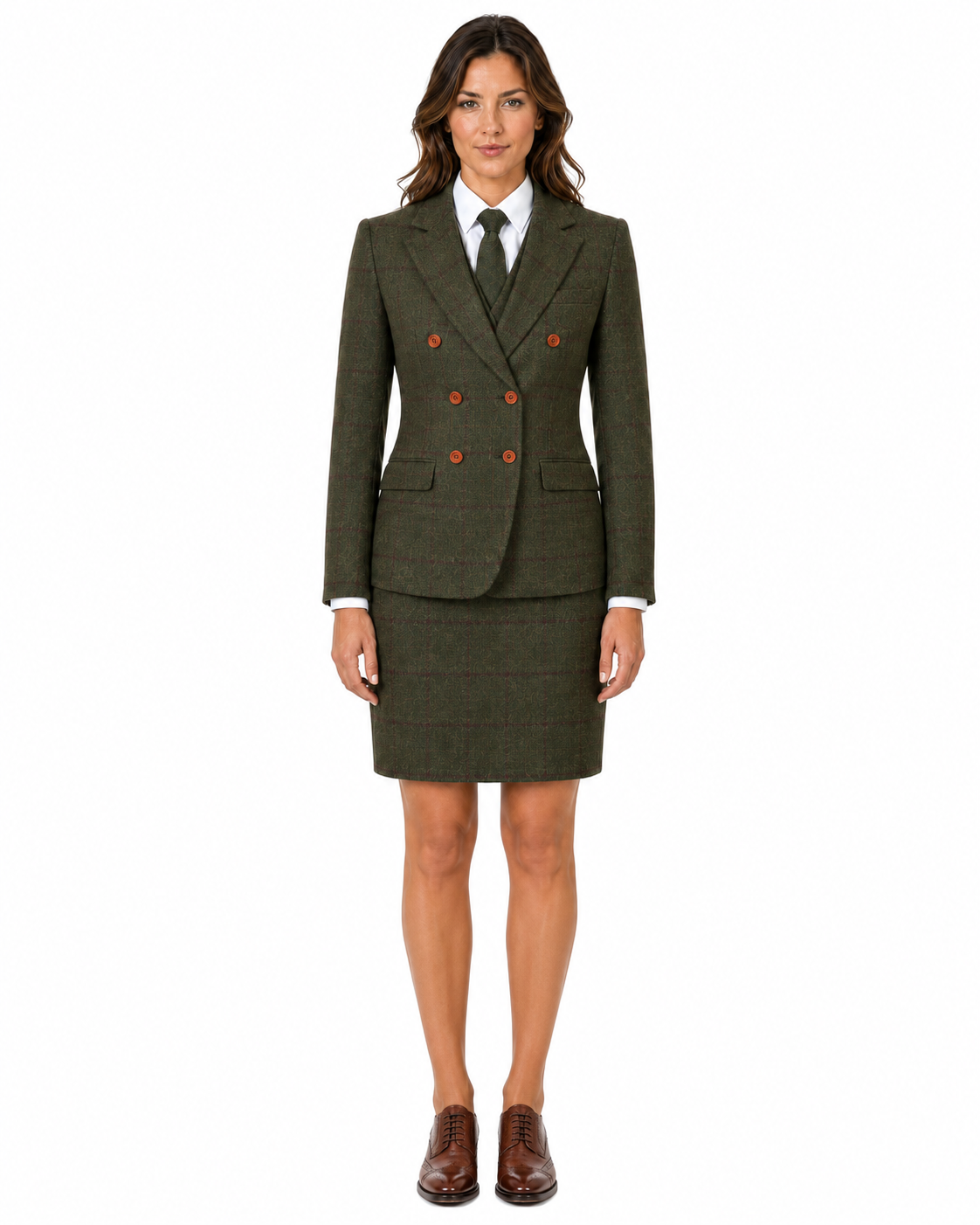 Women’s Made-to-Measure Olive Green Country Check Tweed with Red Three-Piece Suit - Image 17