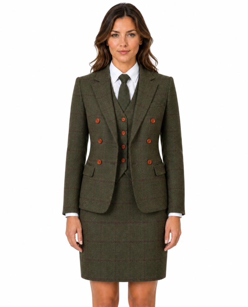 Women’s Olive Green Country Check Tweed with Red Double-Breasted Jacket