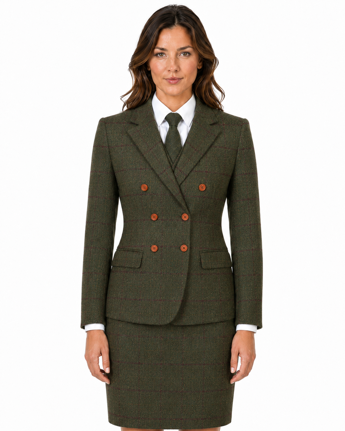 Women’s Made-to-Measure Olive Green Country Check Tweed with Red Three-Piece Suit - Image 19