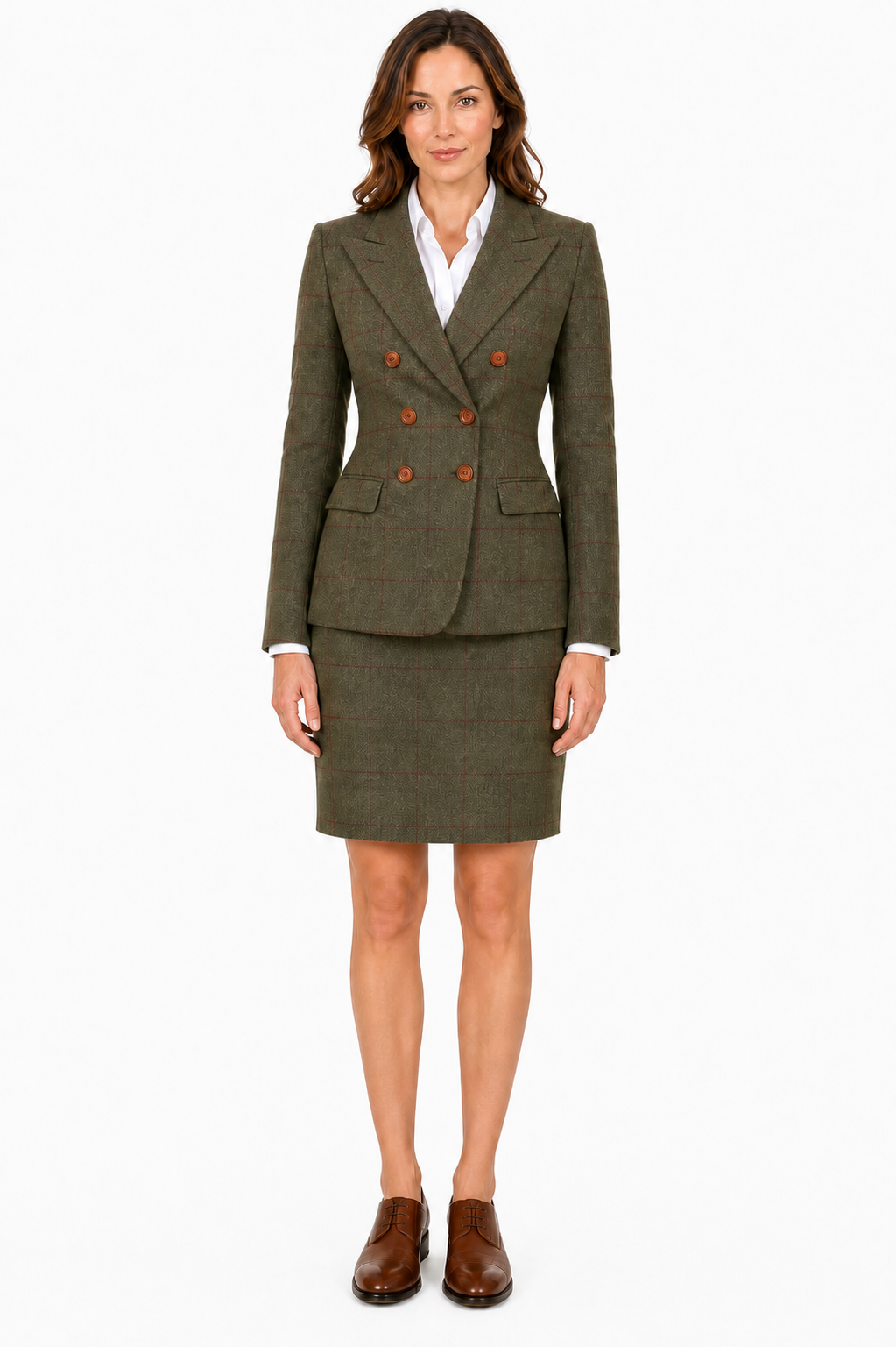 Women’s Made-to-Measure Olive Green Country Check Tweed with Red Three-Piece Suit - Image 21